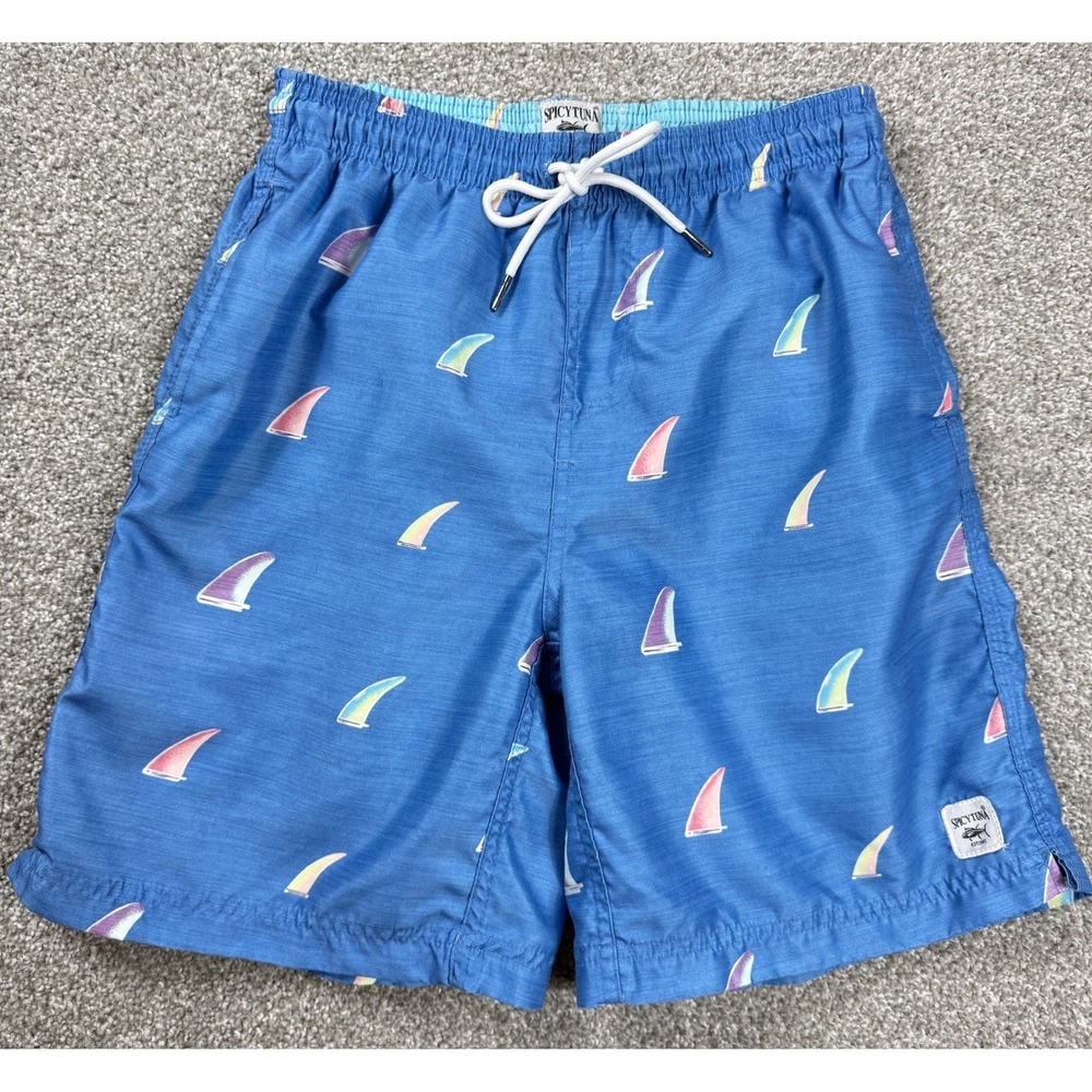 Spicy Tuna Men's Swim Trunks Small Blue Surfboard Fins Mesh Lined Beach Shorts